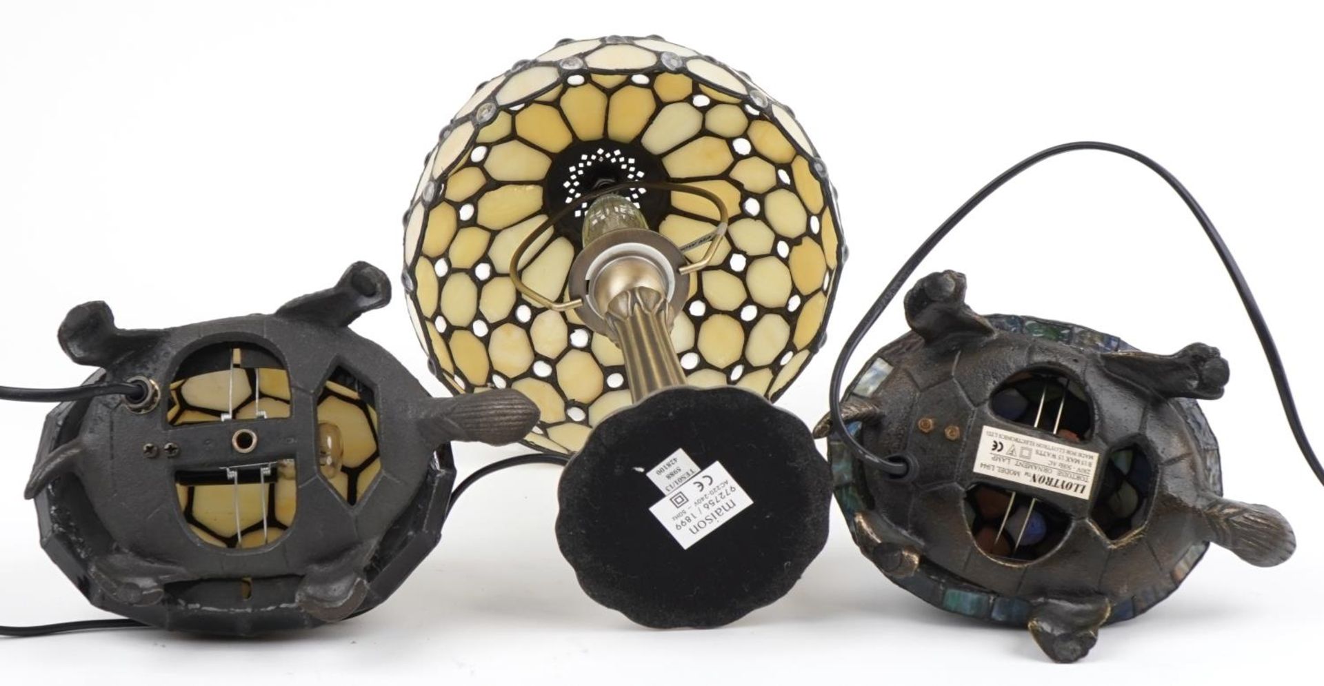 Three Tiffany design table lamps including two bronzed examples in the form of tortoises, the - Image 3 of 3