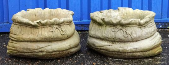 Pair of garden stoneware planters in the form of sacks, each 24cm high x 40cm wide : For further