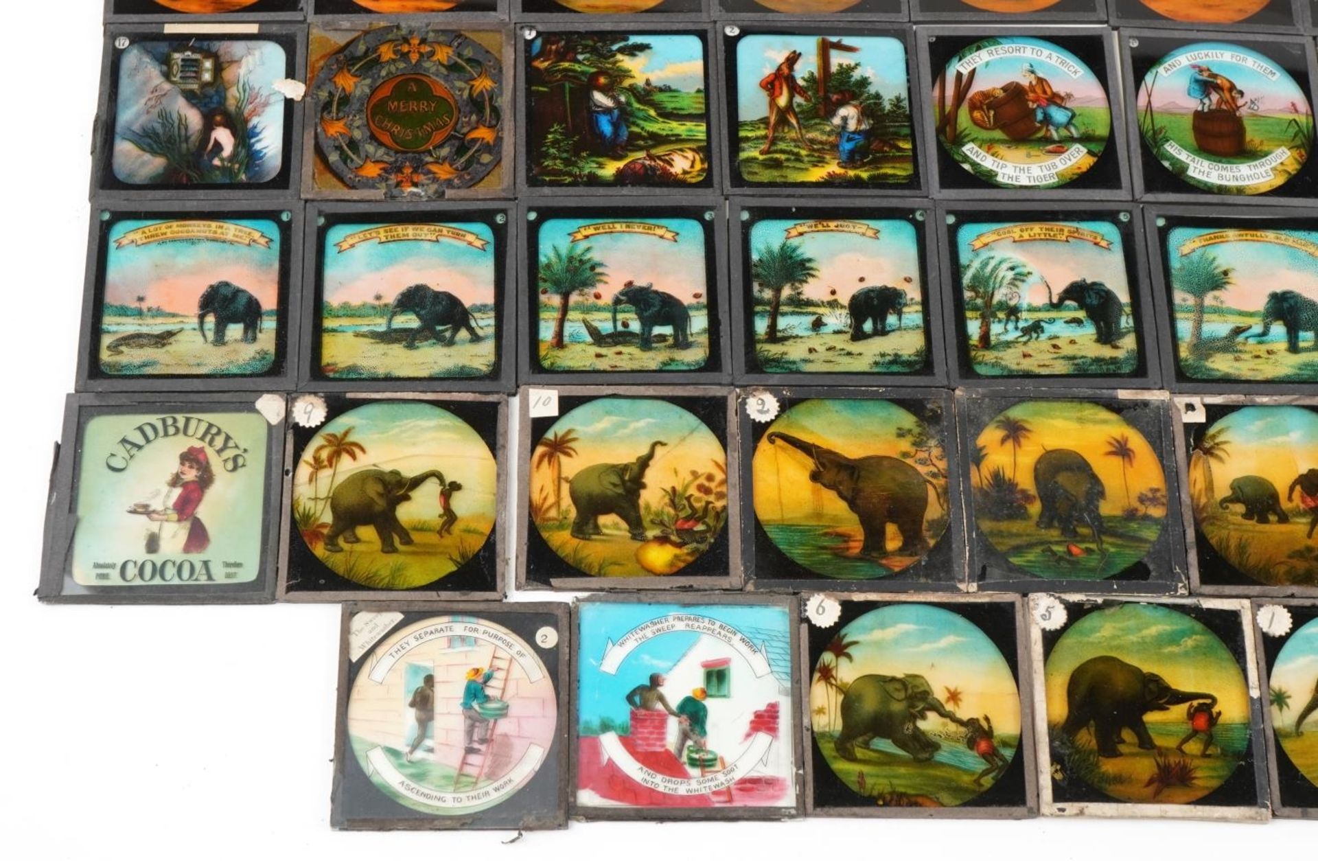 Collection of Victorian magic lantern glass slides and a lens, the slides including Cadburys and - Bild 5 aus 6