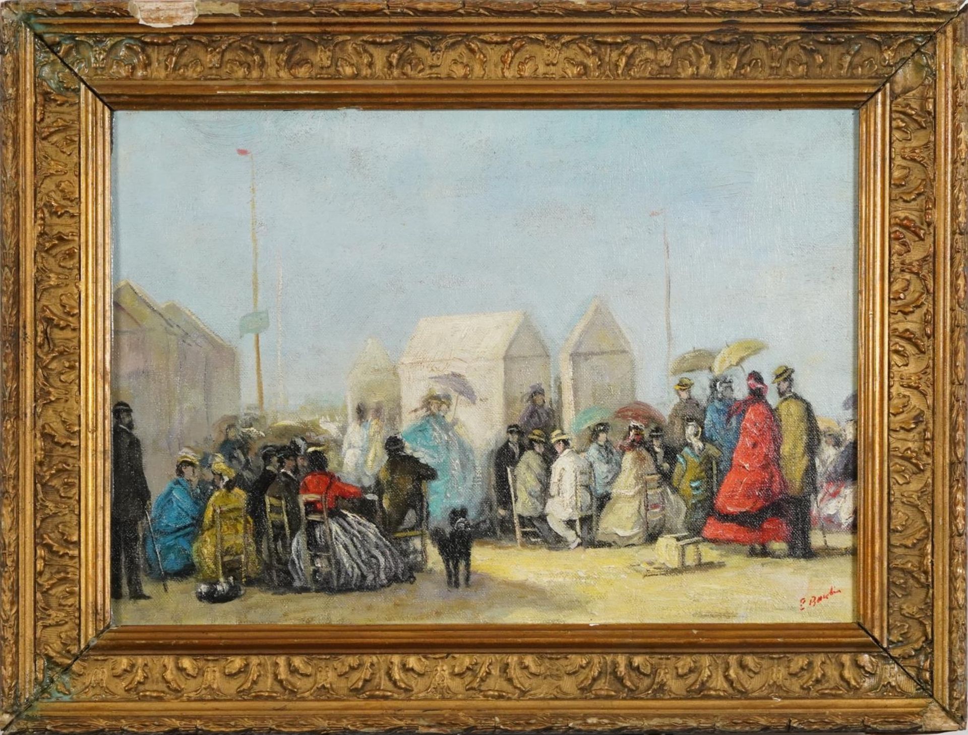After Eugene Boudin - Busy beach scene, French Impressionist oil on board, 35.5cm x 24.5cm excluding - Bild 2 aus 4
