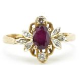 14ct gold ruby and diamond floral ring, size O, 2.2g : For further information on this lot please