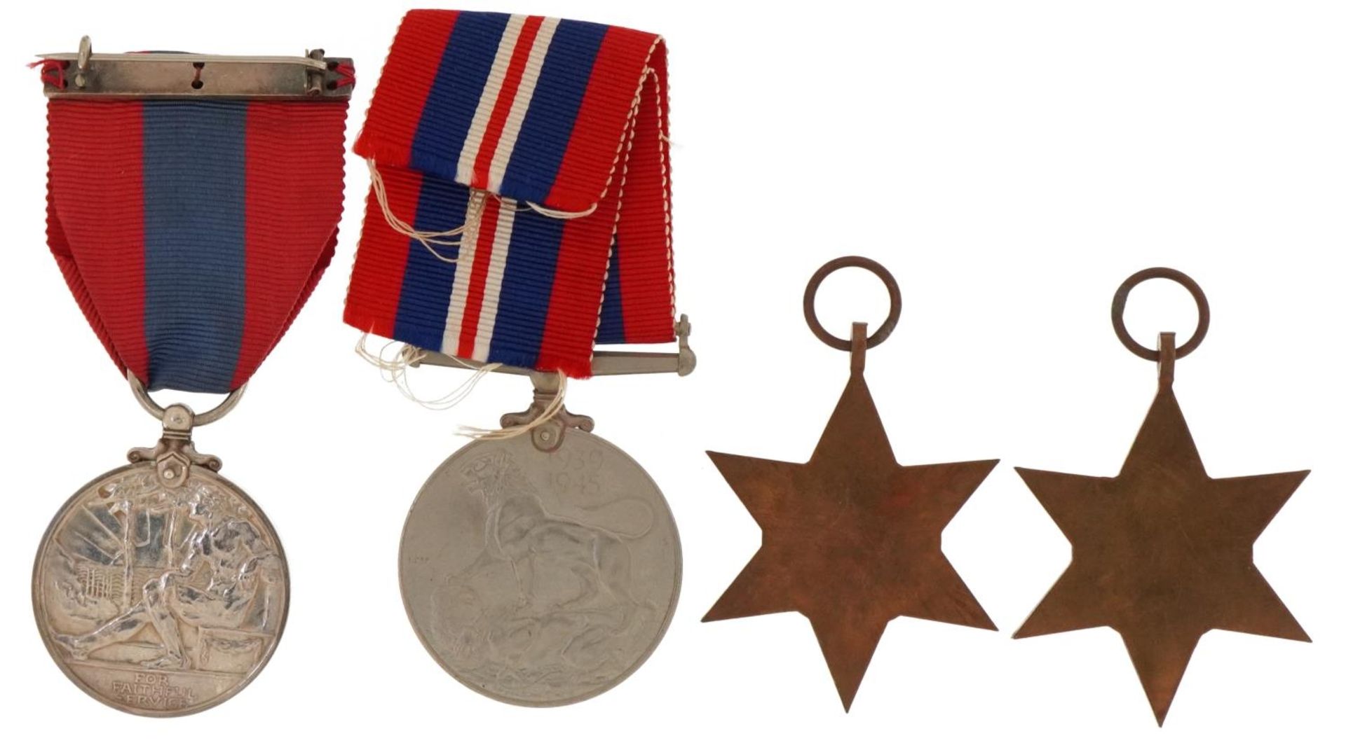 Three British military World War II medals and a George V Faithful Service medal with fitted case - Image 3 of 5