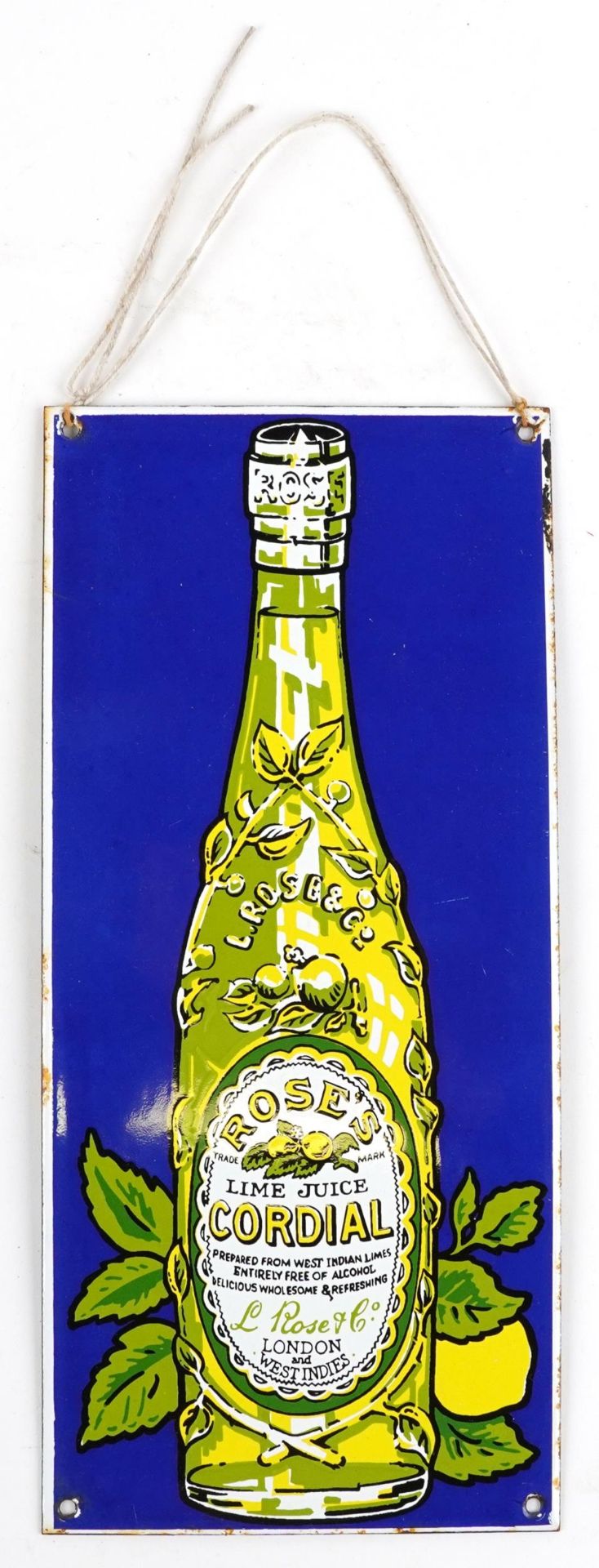 Roses Lime Juice Cordial enamel advertising sign, Garnier & Co stamp to the reverse, 36cm x 16.5cm : - Image 2 of 5