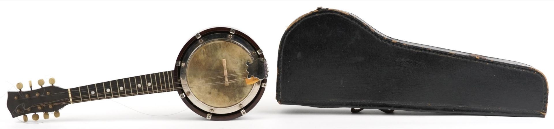 Early 20th century eight string banjo ukulele with fitted case, 54cm in length : For further - Image 2 of 4