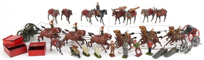 Britains hand painted lead soldiers including horse drawn carts, spotting chair and observer : For