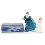 Two Royal Doulton figurines and a Chinese blue and white porcelain box and cover, the largest 19cm