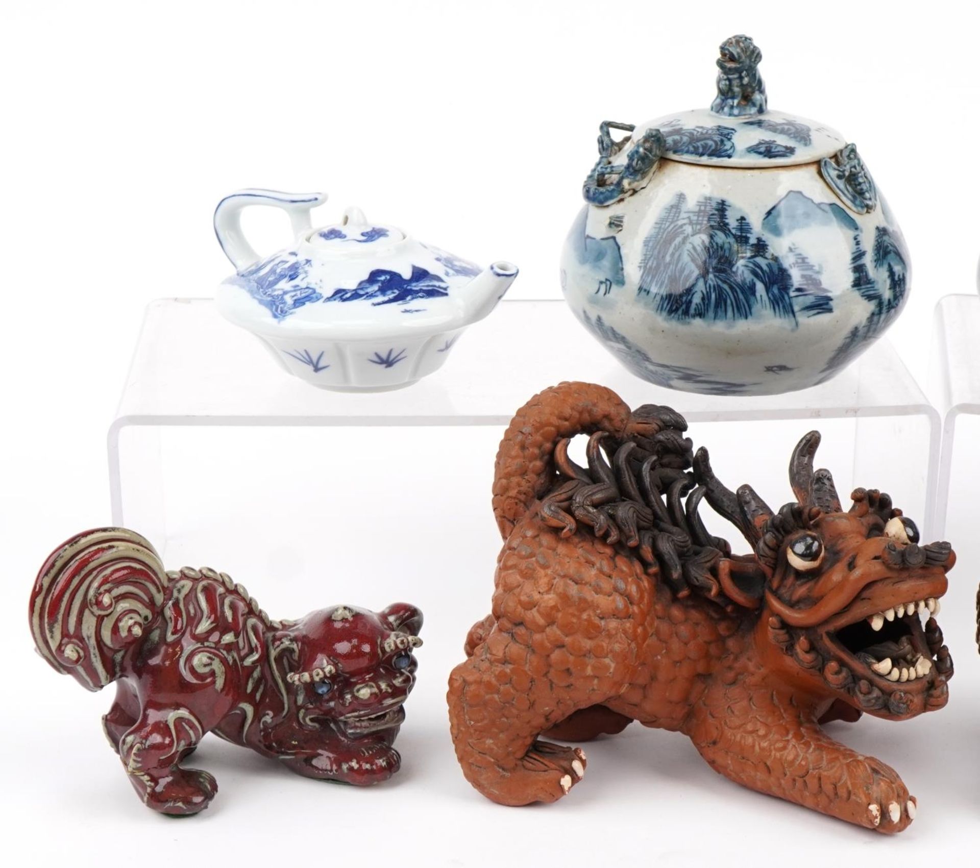 Chinese ceramics including two blue and white teapots, pair of blue and white lidded jars and Foo - Image 2 of 4