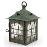 Arts & Crafts verdigris bronzed hanging lantern with glass panels, 30.5cm high : For further