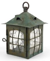 Arts & Crafts verdigris bronzed hanging lantern with glass panels, 30.5cm high : For further