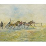 French horseracing scene, French Impressionist oil on canvas, framed, 49.5cm x 39cm excluding the