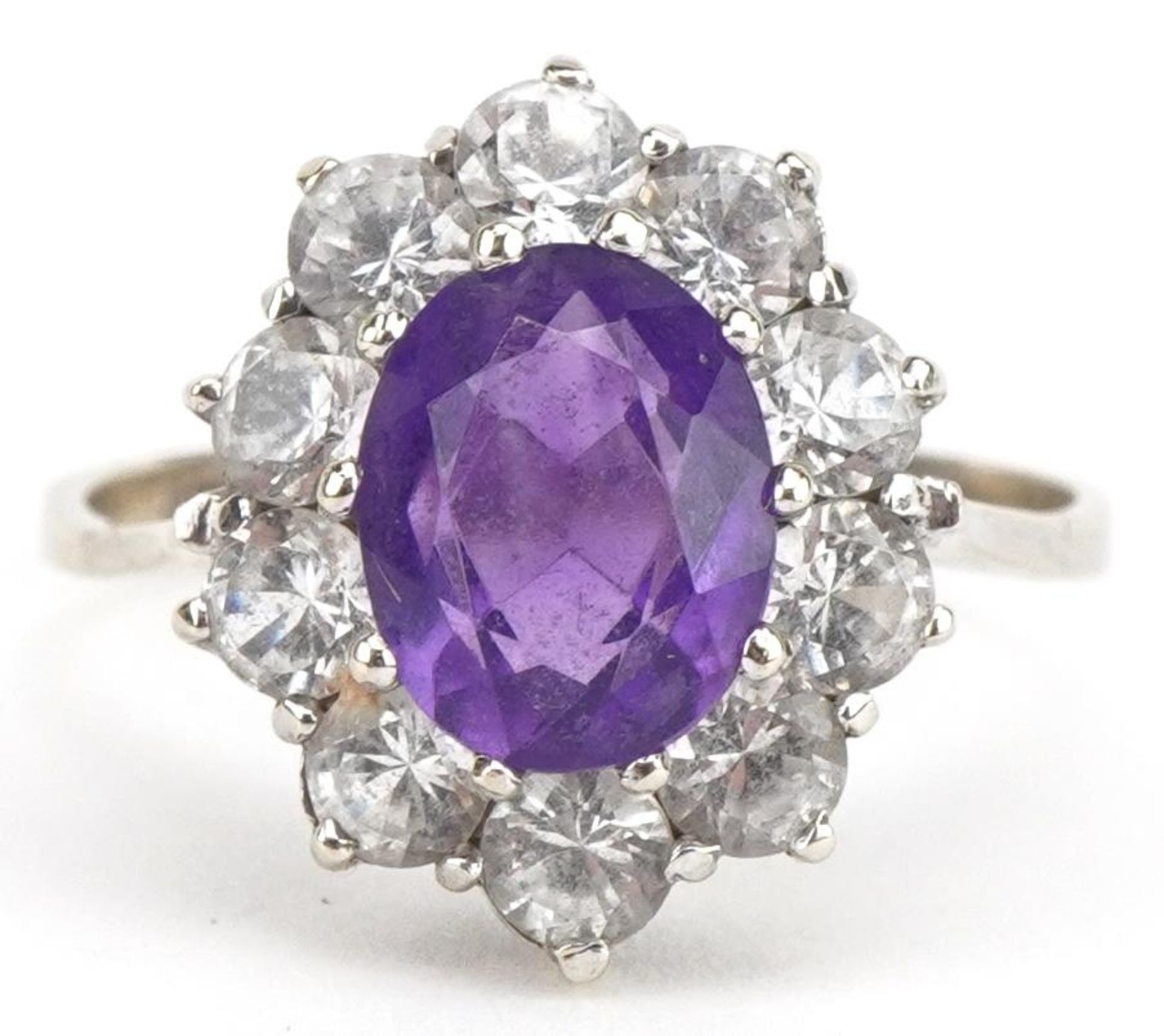 14ct white gold amethyst and white spinel cluster ring, size Q, 3.3g : For further information on