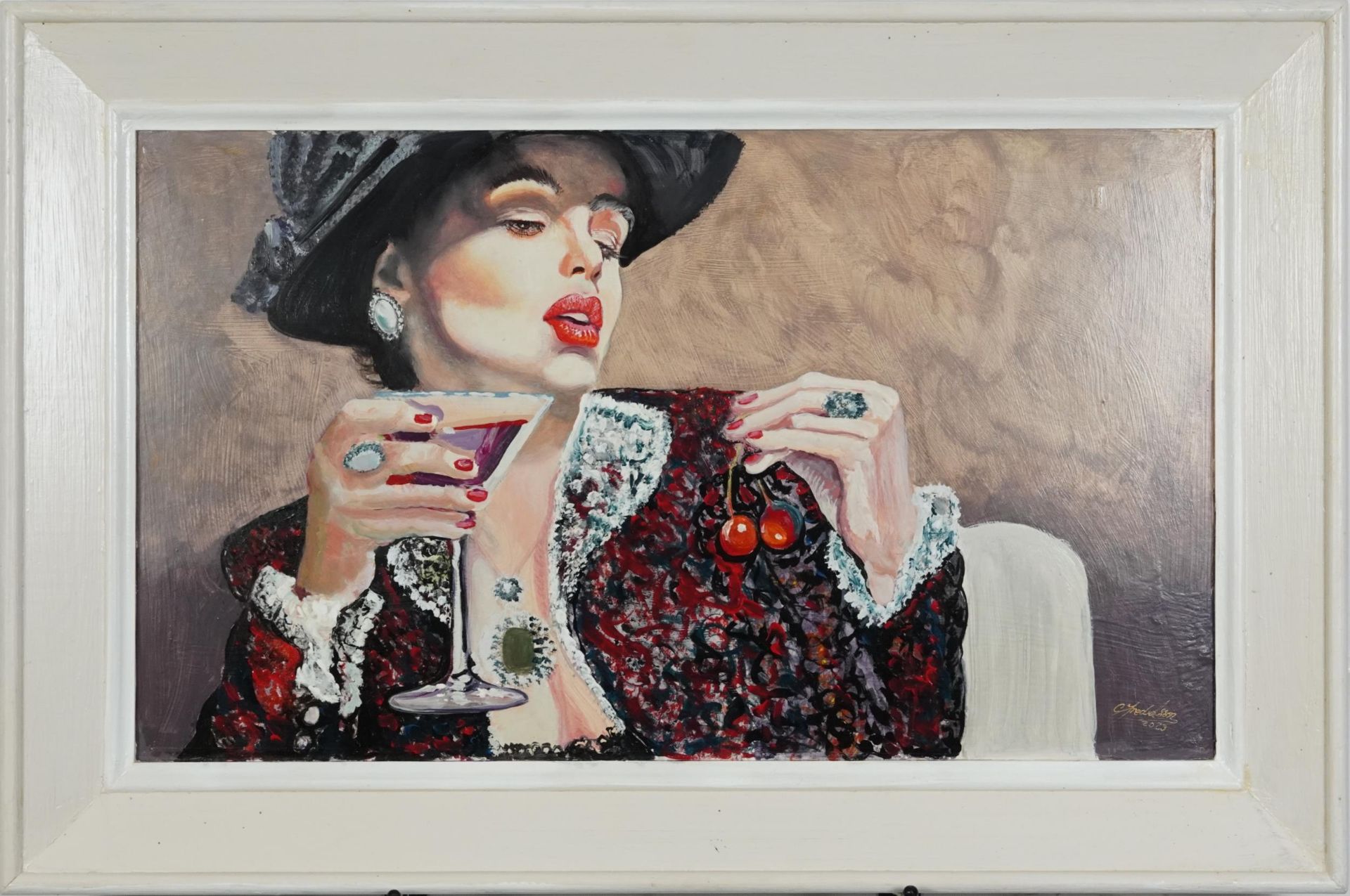 Clive Fredriksson - Female, cocktail and cherries, contemporary oil on board, framed, 61.5cm x 36. - Bild 2 aus 4