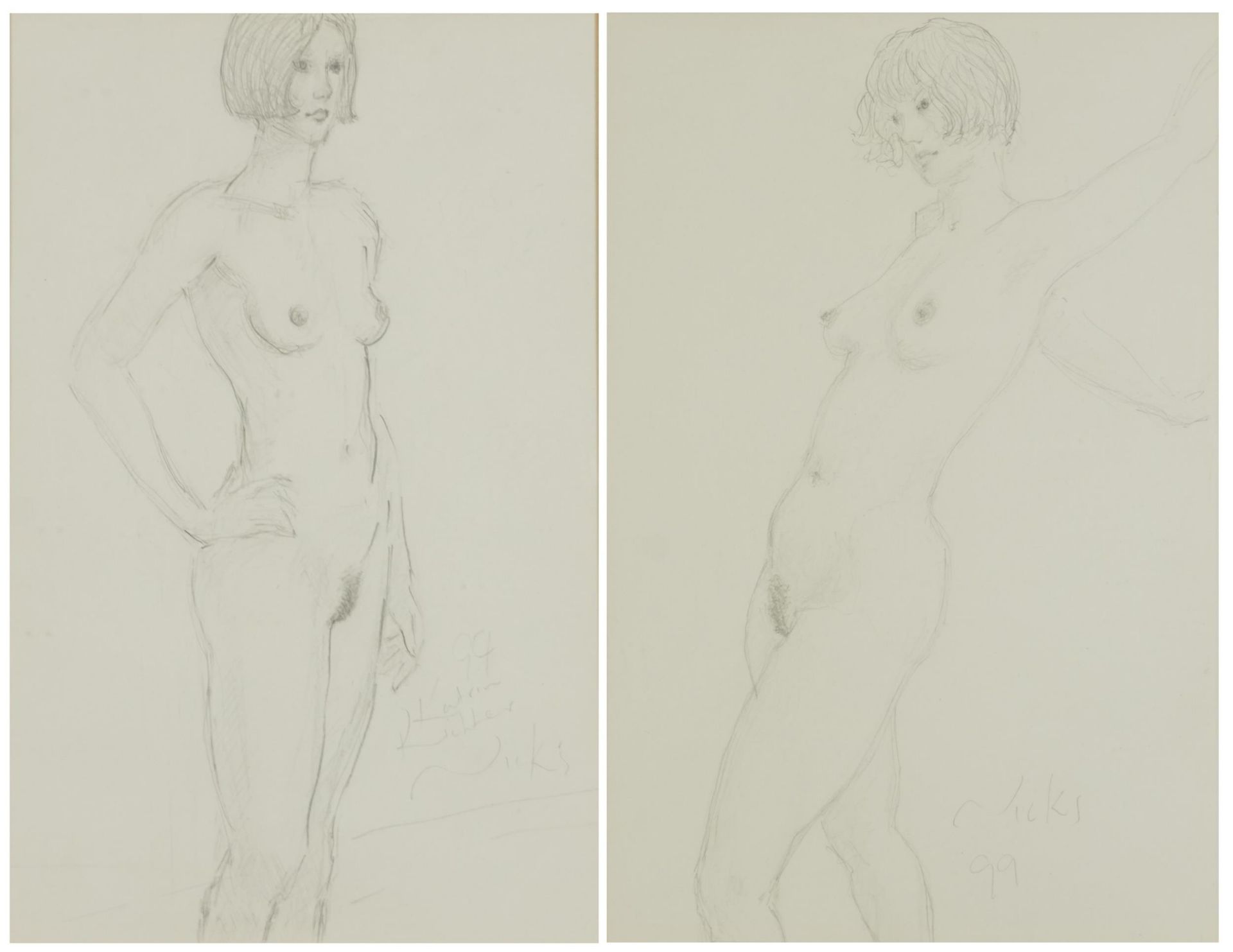 Standing nude females, Near pair of pencil pencils, indistinctly inscribed and signed, one with John