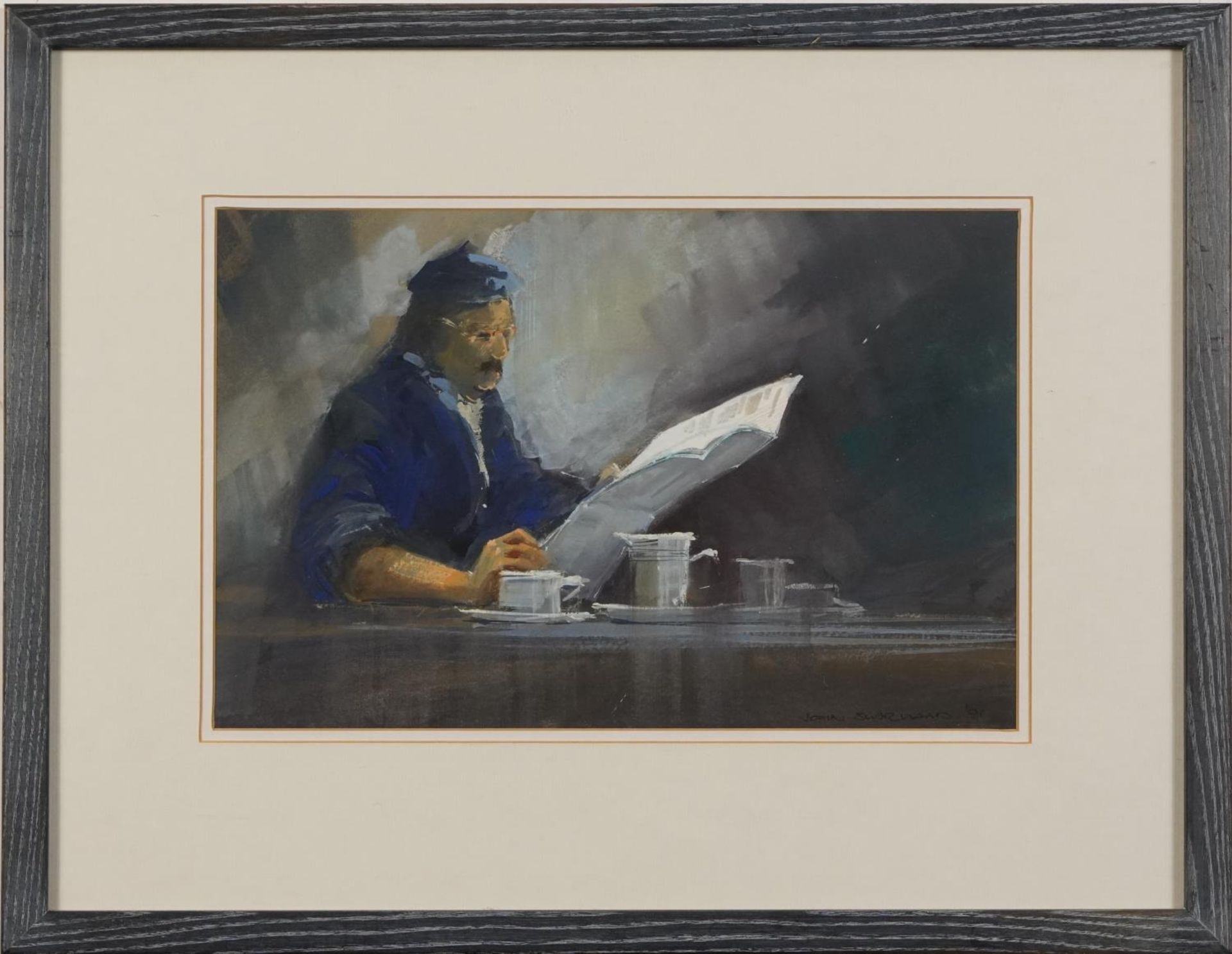 John Steward 1991 - Seated figure at a table, Impressionist oil, mounted, framed and glazed, 31cm - Bild 2 aus 4