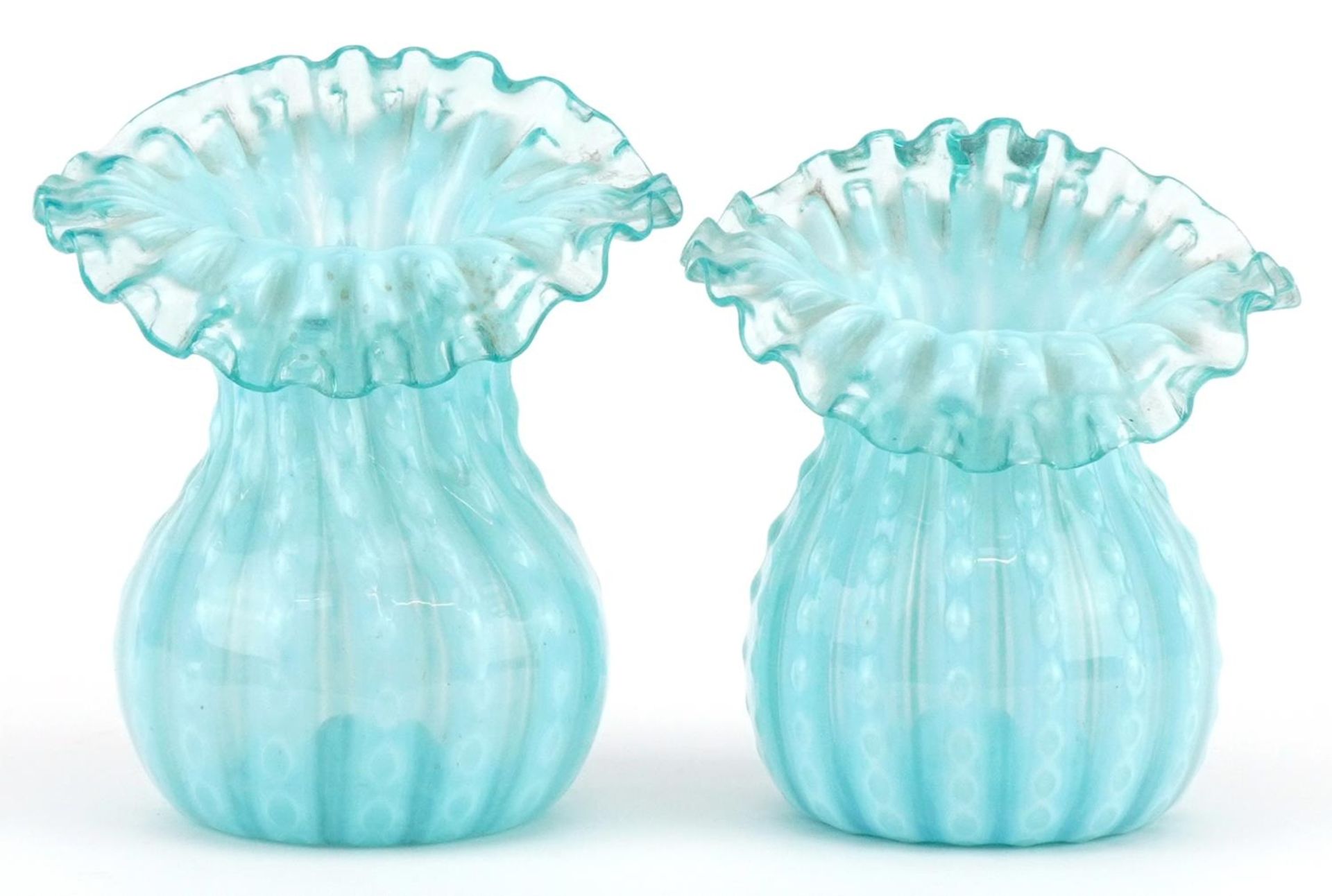 Two Art Nouveau Vaseline glass Jack in the Pulpit glass vases, each 13cm high : For further