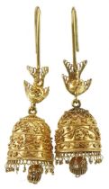 Pair of antique design unmarked gold bell and bird design filigree drop earrings, tests as 15ct gold