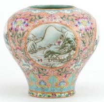 Chinese porcelain baluster vase finely hand painted in the famille rose palette with panels of river