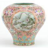 Chinese porcelain baluster vase finely hand painted in the famille rose palette with panels of river