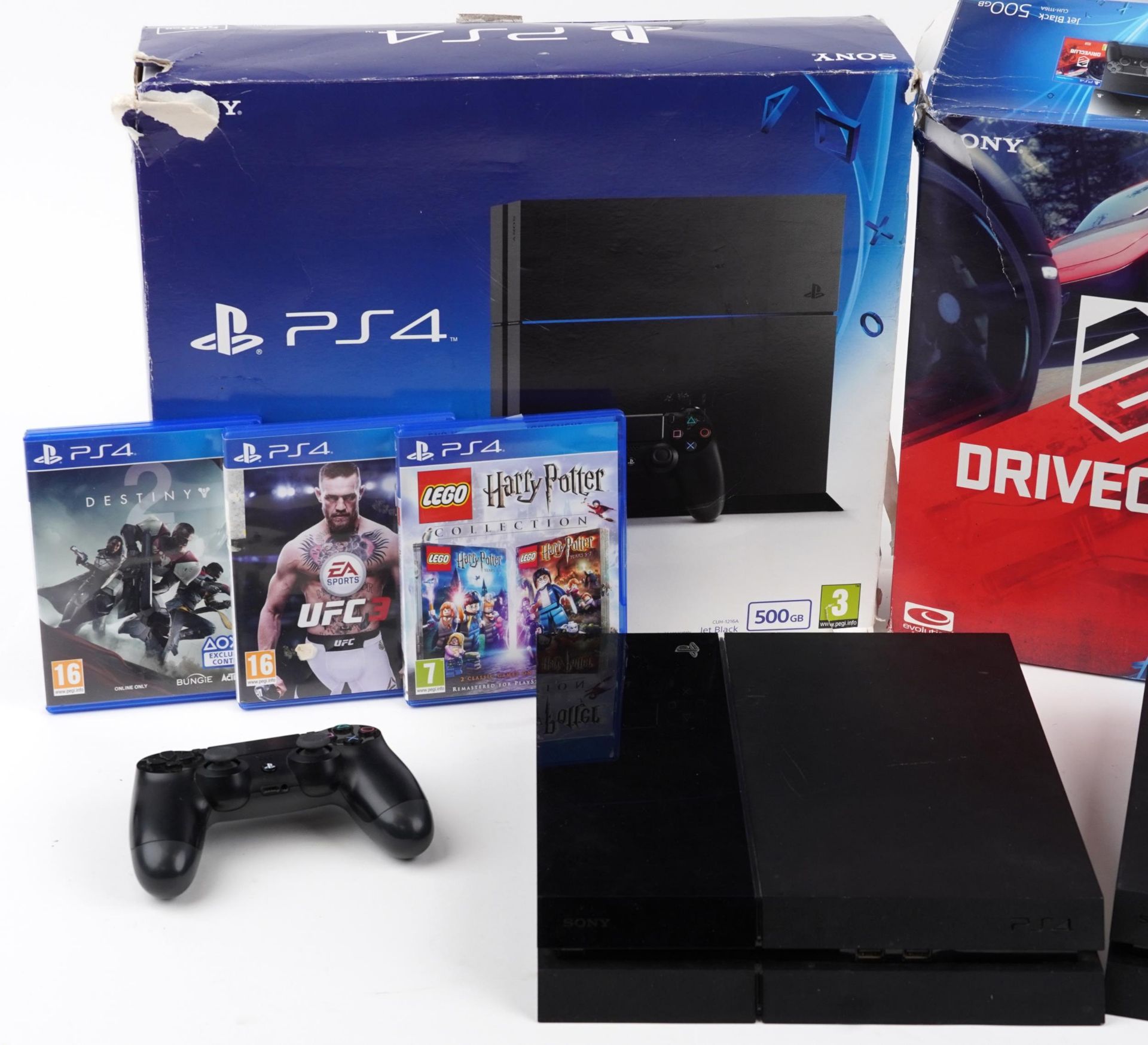 Two Sony PlayStation 4 consoles with boxes and three games comprising UFC 3, Destiny 2 and Harry - Bild 2 aus 3