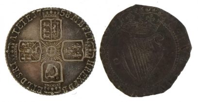 Irish James I hammered silver sixpence and a George II 1758 silver shilling : For further