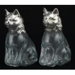 Pair of novelty glass salt and pepper casters with silver plated heads in the form of cats, 7cm high