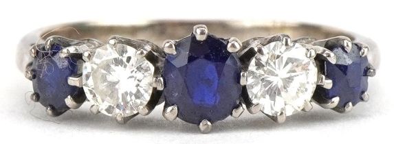 18ct white gold graduated sapphire and diamond five stone ring, total diamond weight approximately
