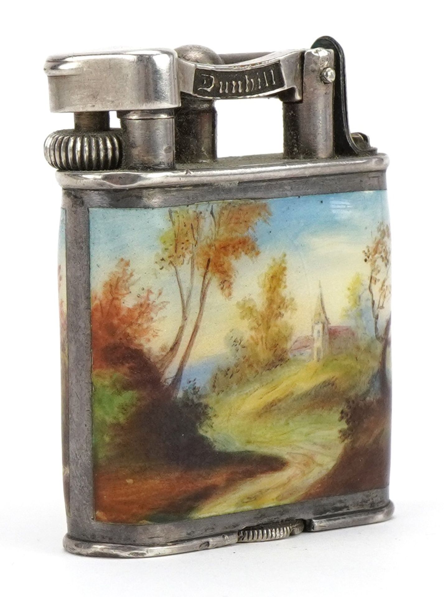 Alfred Dunhill, French 900 grade silver pocket lighter enamelled with a family in traditional - Image 2 of 4