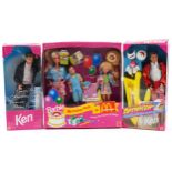 Vintage Barbie and Ken figures by Mattel with boxes including Birthday Fun at MacDonald's and Bay