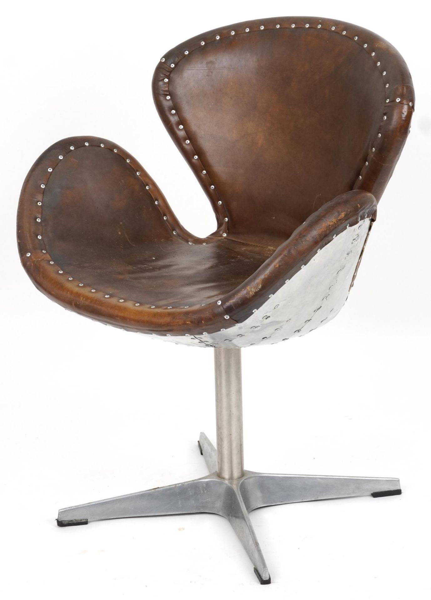 Timothy Oulton aviation interest Devon Spitfire swivel chair with brown leather upholstery, 90cm