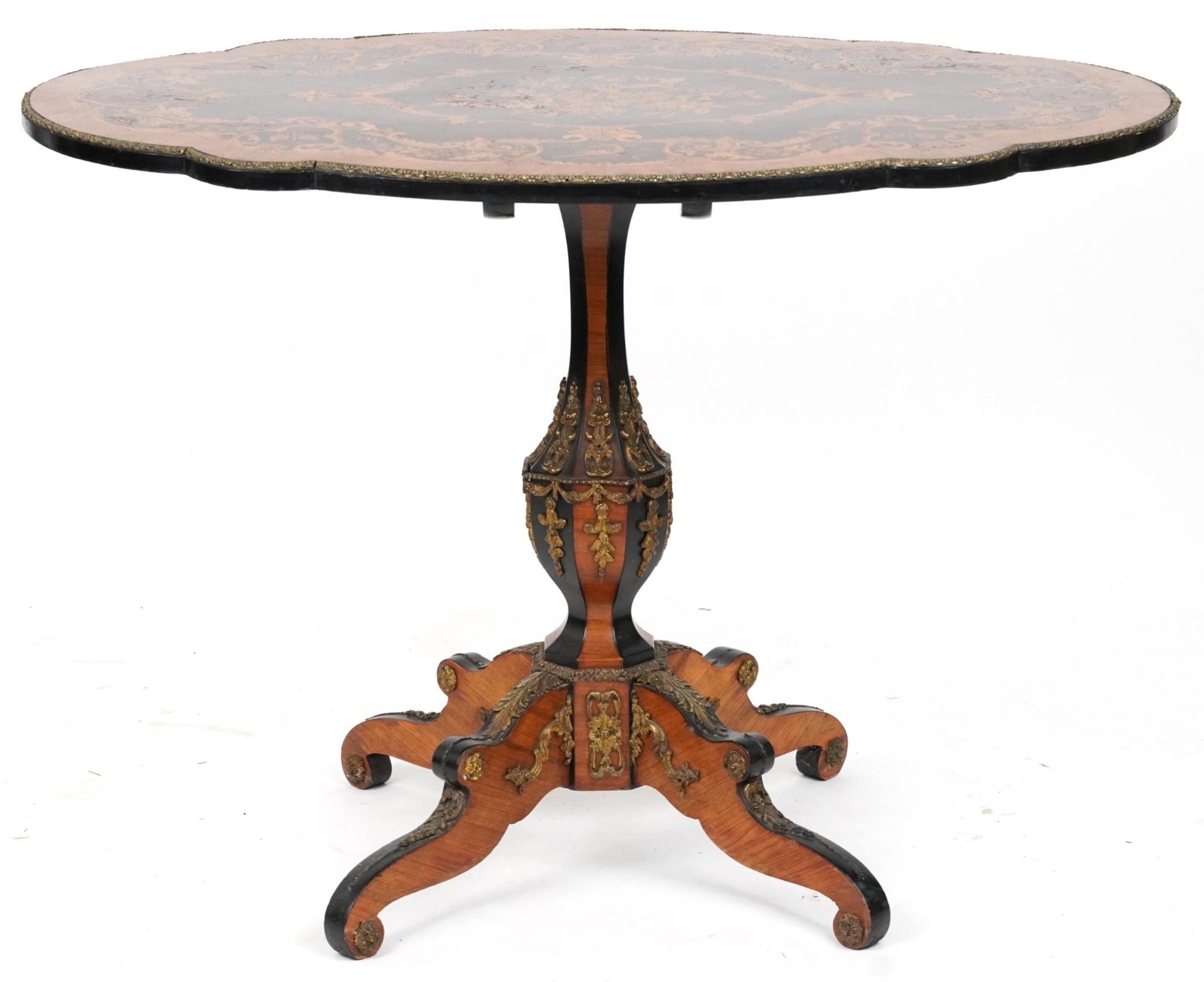 19th century continental kingwood, ebony and marquetry inlaid tilt top centre table with shaped - Image 7 of 9