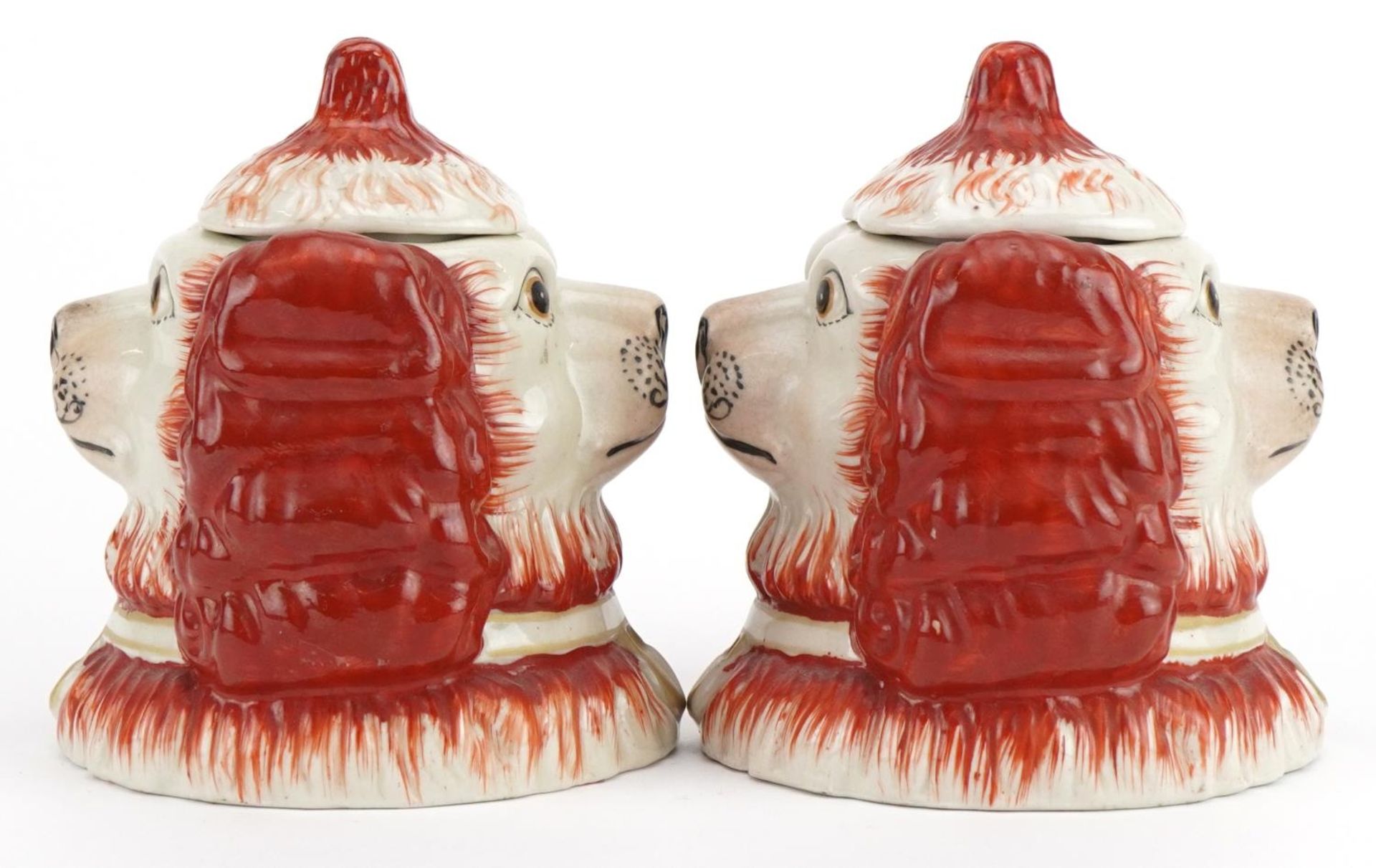 Pair of Staffordshire pottery style double sided Spaniel head pots and covers, each 14cm high : - Image 2 of 6