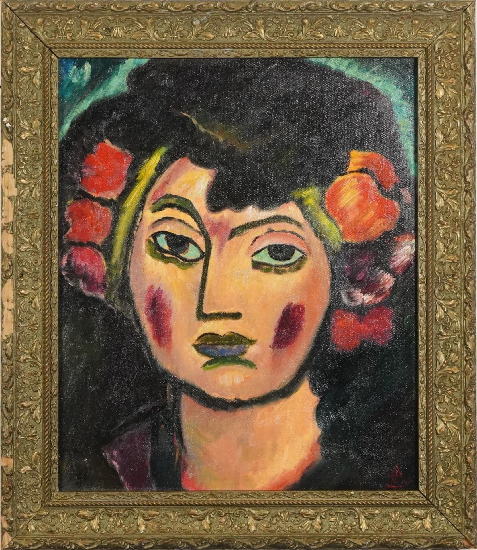 Portrait of a female wearing flowers in her hair, continental school post-war oil on board, 40.5cm x - Image 2 of 5