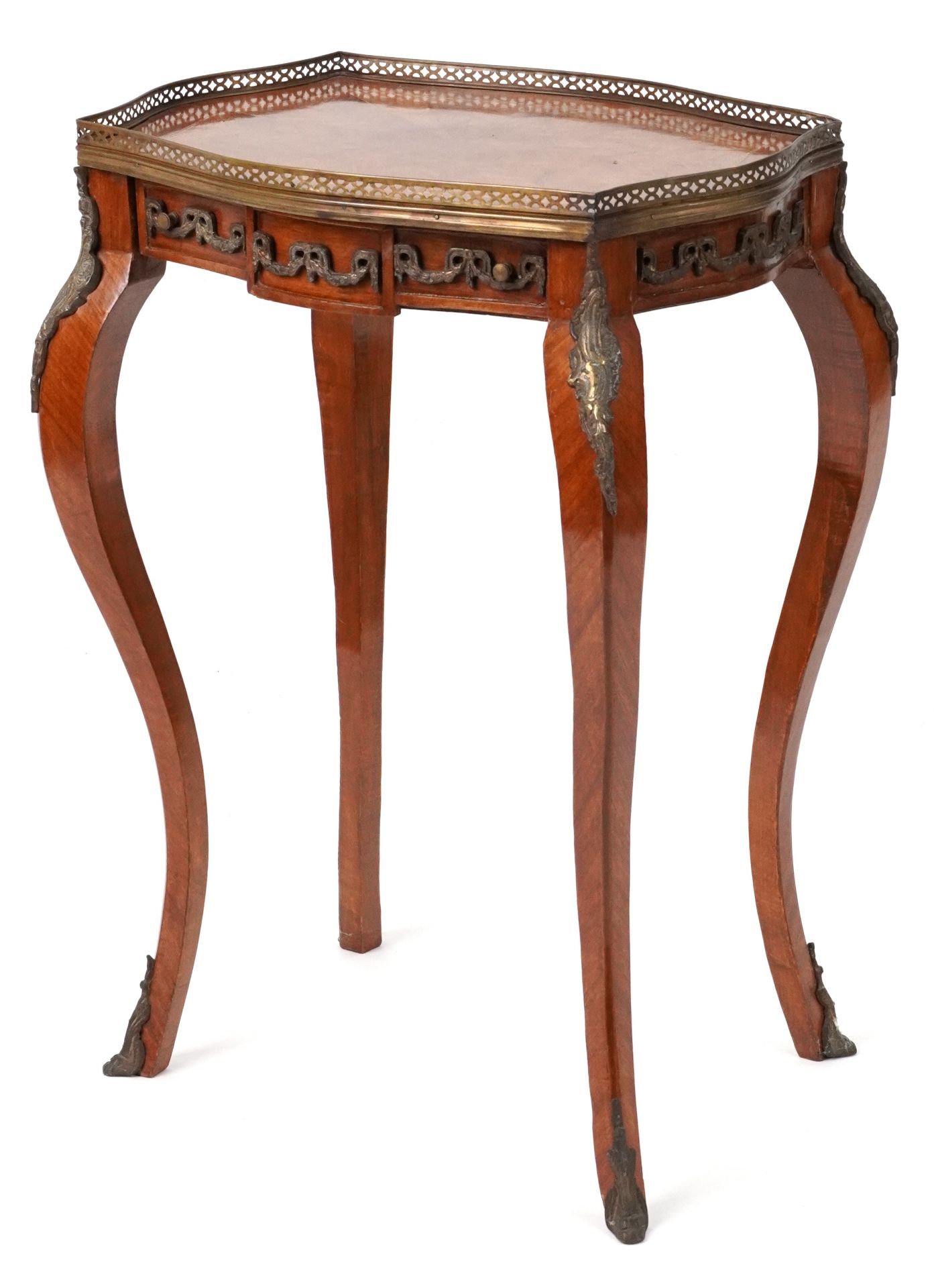 French Louis XV style inlaid kingwood side table with frieze drawer and brass mounts on cabriole