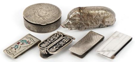 Silver and white metal objects comprising Egyptian Revival money clip, Wilson Carolyn Begay money