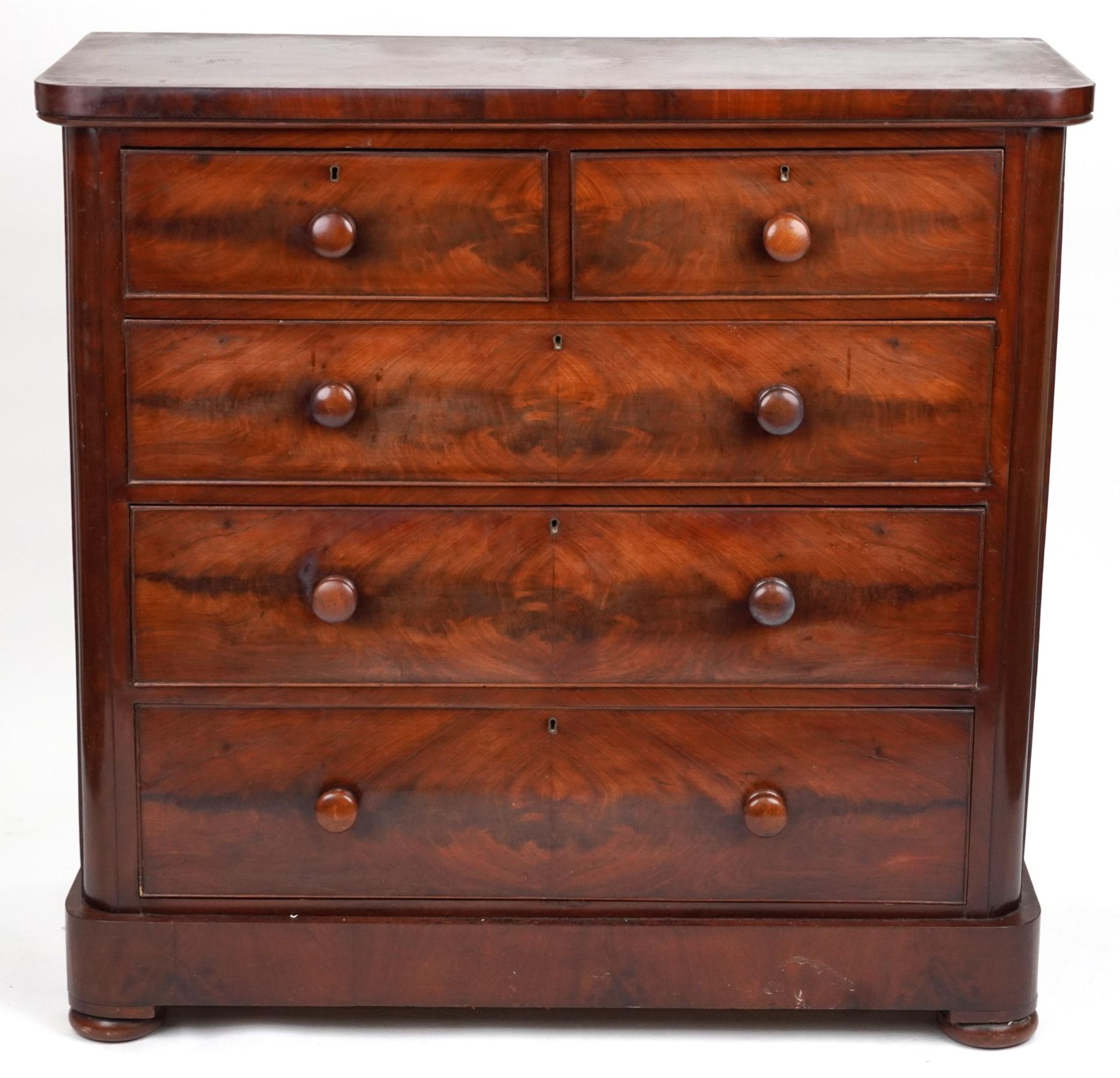 Victorian mahogany five drawer chest with turned wood handles, 117cm H x 121cm W x 51cm D : For - Image 2 of 4