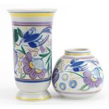 Two Mid century Poole pottery vases hand painted in the Bluebird pattern, the largest 21.5cm