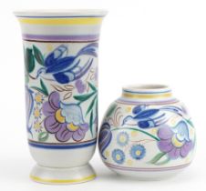 Two Mid century Poole pottery vases hand painted in the Bluebird pattern, the largest 21.5cm