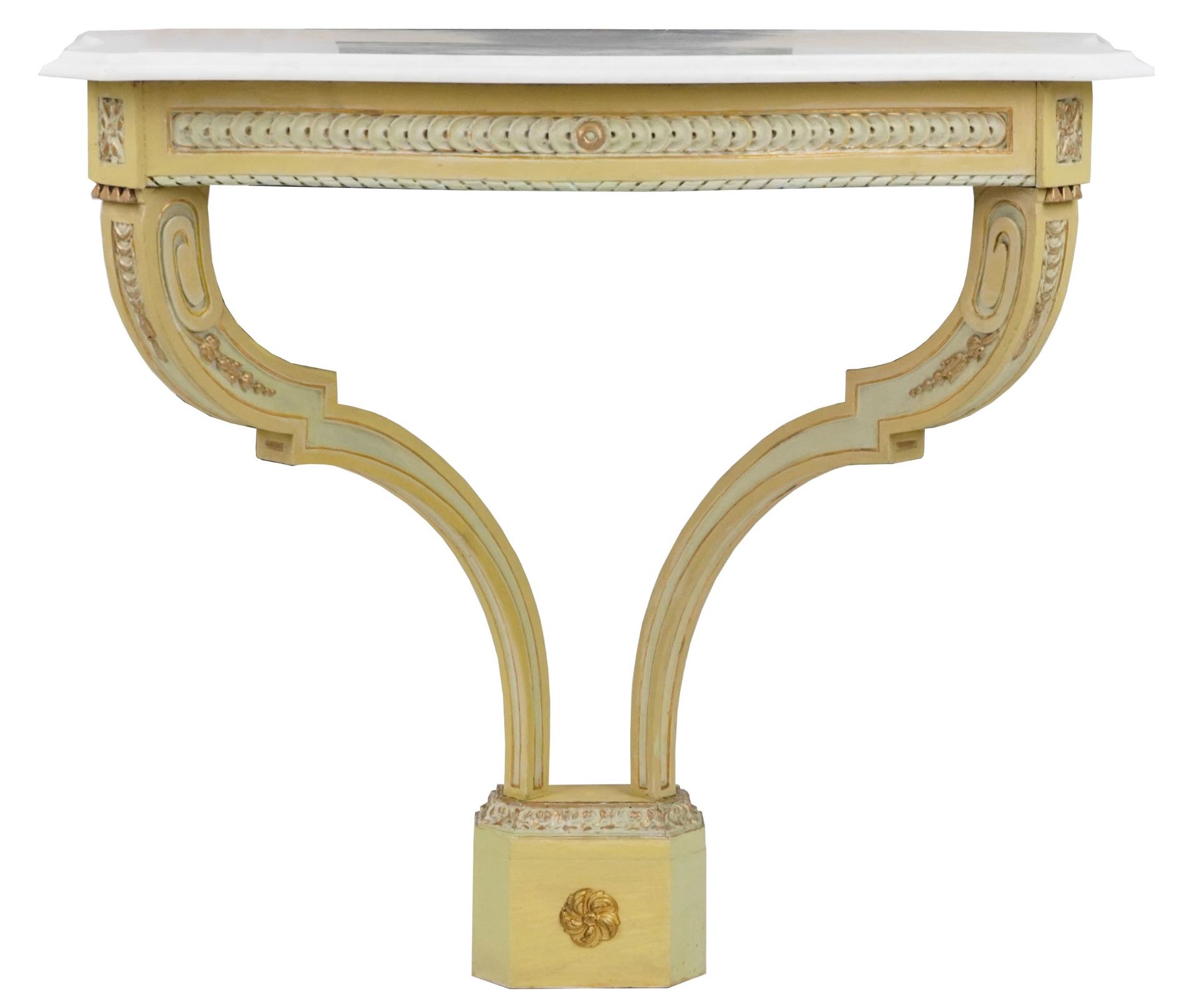 French cream and gilt painted console table with marble top, 85.5cm H x 84cm W x 43cm D : For