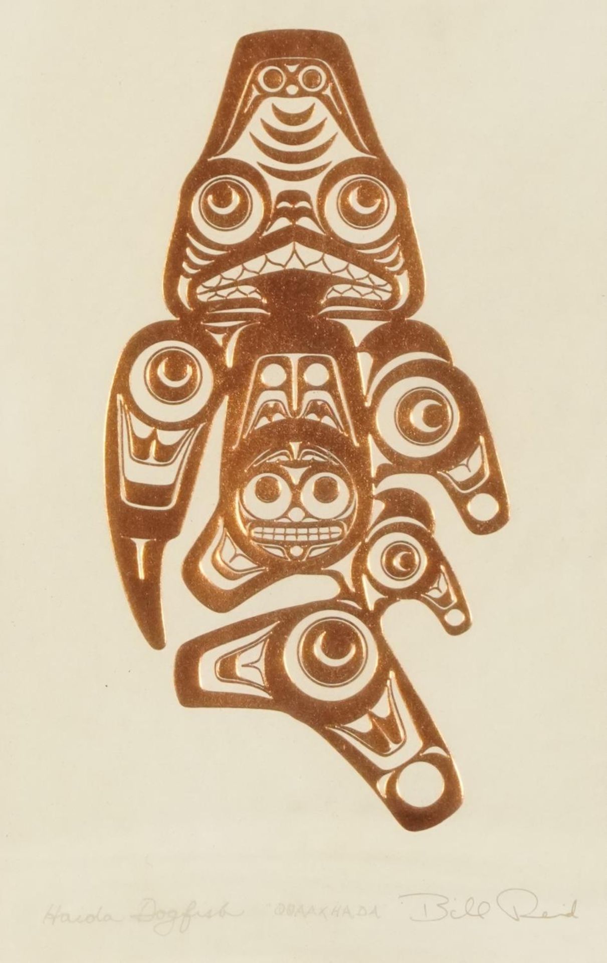 Bill Reid - Haida Dogfish, Canadian gilt embossed print, details verso, mounted, framed and