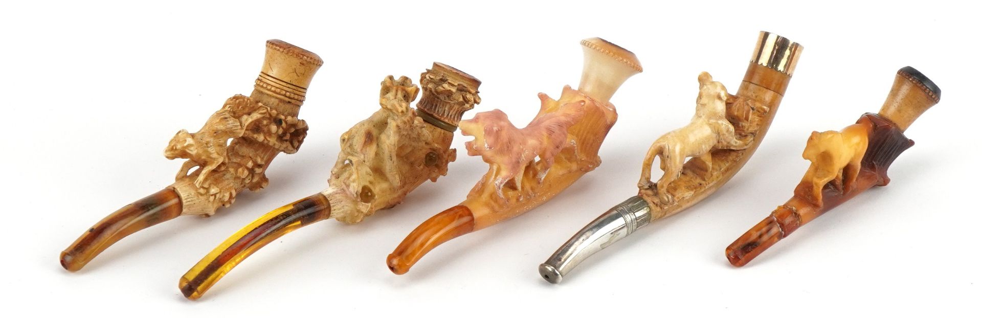 Five antique Meerschaum smoking pipes housed in fitted cases, each carved with animals, four with - Image 5 of 9