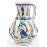 Turkish Ottoman Iznik water jug hand painted with flowers, 22.5cm high : For further information