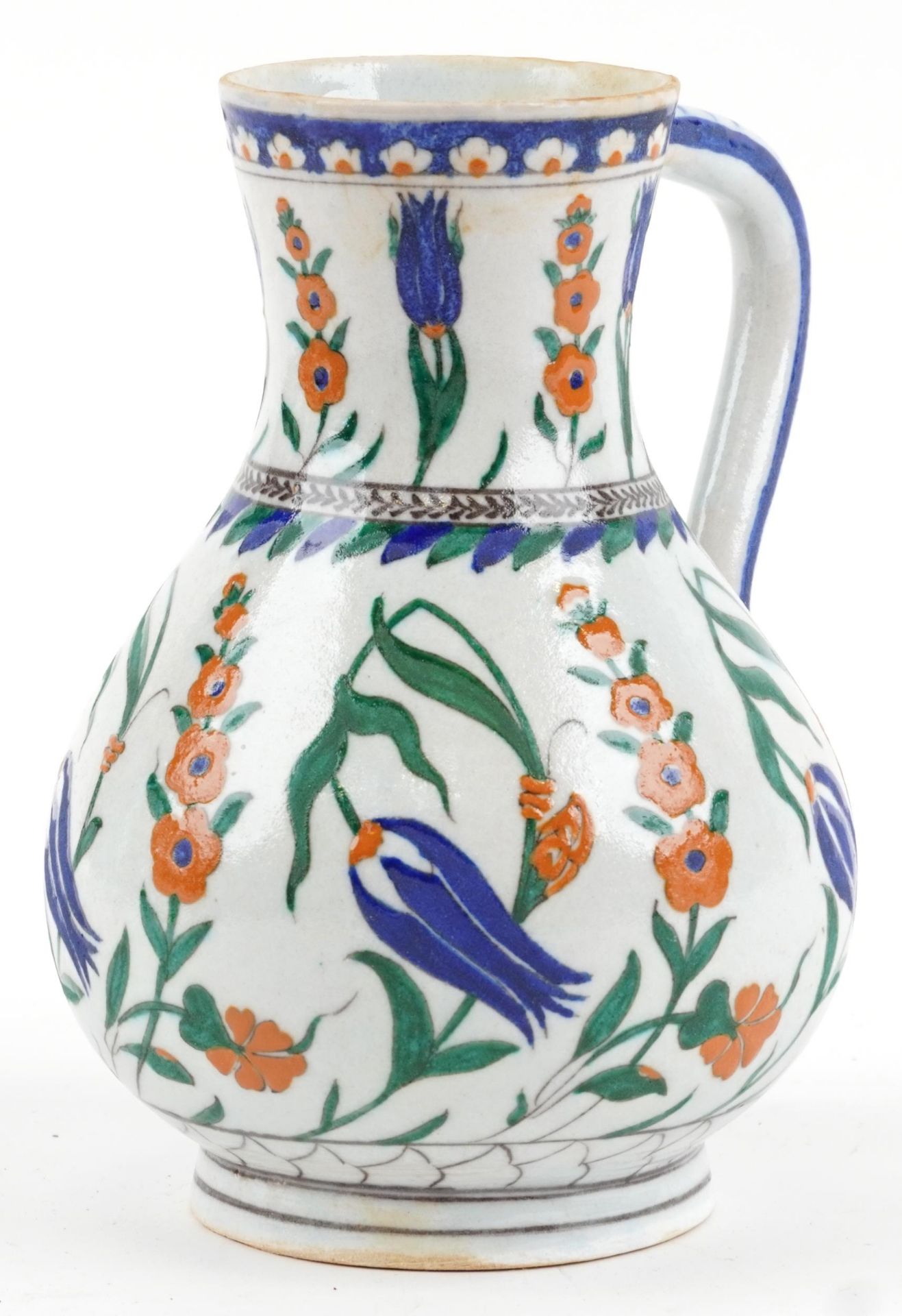 Turkish Ottoman Iznik water jug hand painted with flowers, 22.5cm high : For further information