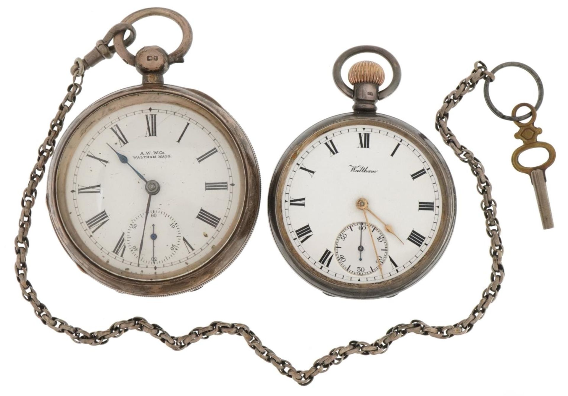 Waltham, two gentlemen's silver open face pocket watches with enamelled dials, one with silver watch - Bild 2 aus 5