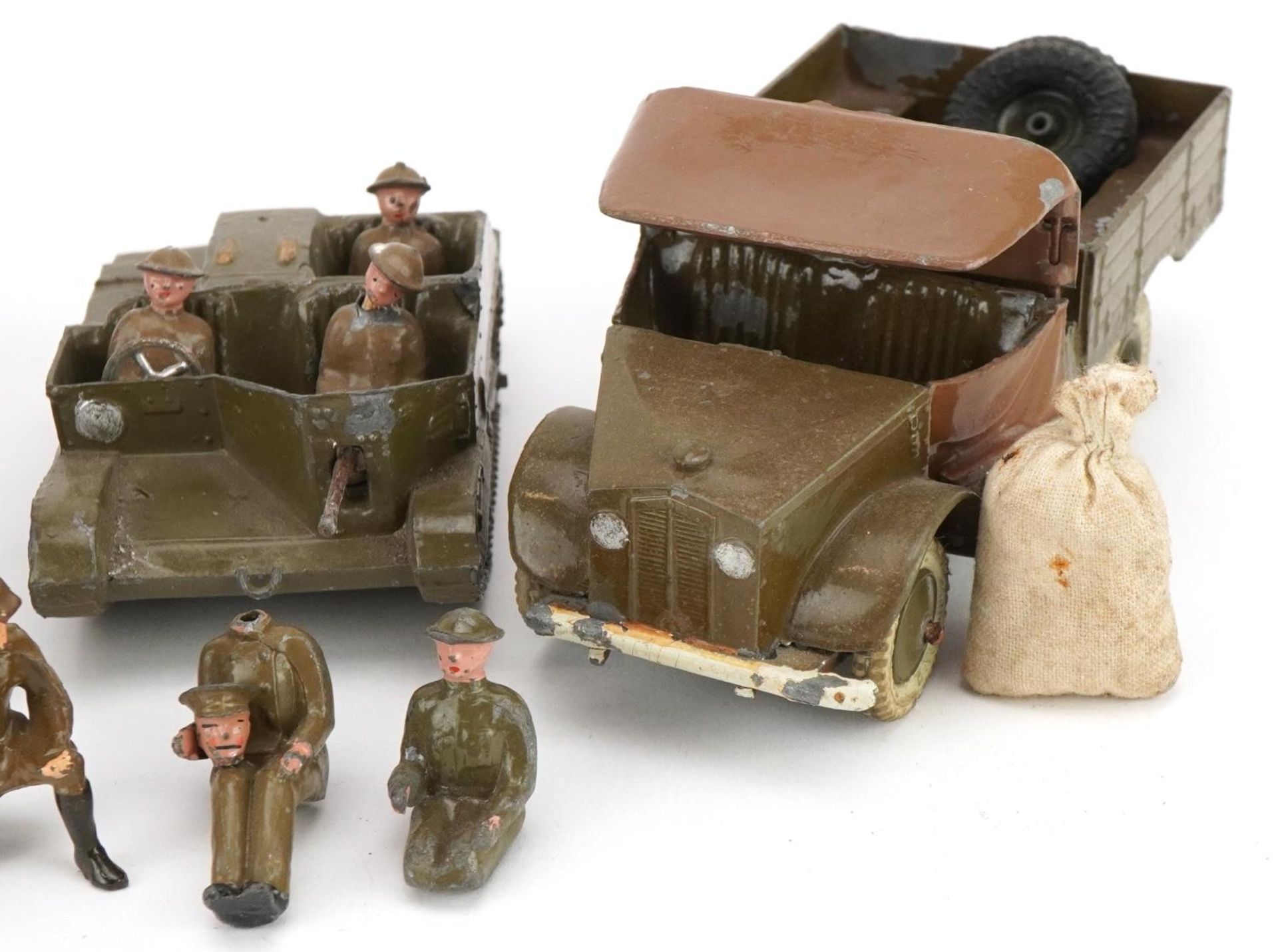 Two Britains hand painted lead military interest Beetle lorries and a Bren Gun carrier, with paper - Image 4 of 7