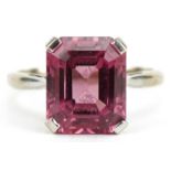 9ct white gold rectangular cut ruby ring, the ruby approximately 11.20mm x 8.80mm x 6.20mm deep,