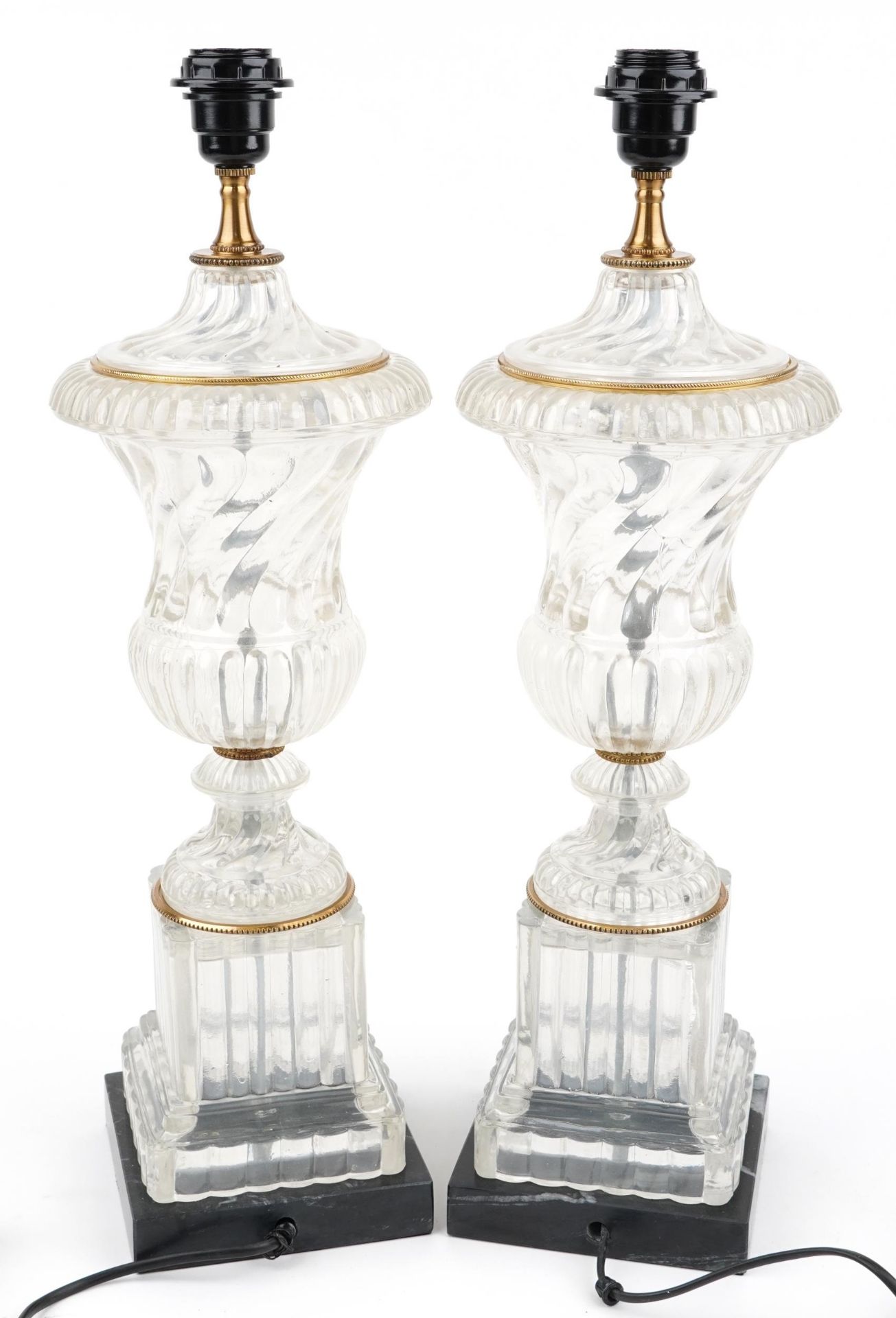 Pair of French style glass urn table lamps with gilt metal mounts raised on faux marble bases, - Image 2 of 2