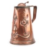 Joseph Sankey, Art Nouveau copper jug embossed with stylised floral motifs, numbered 09942 to the