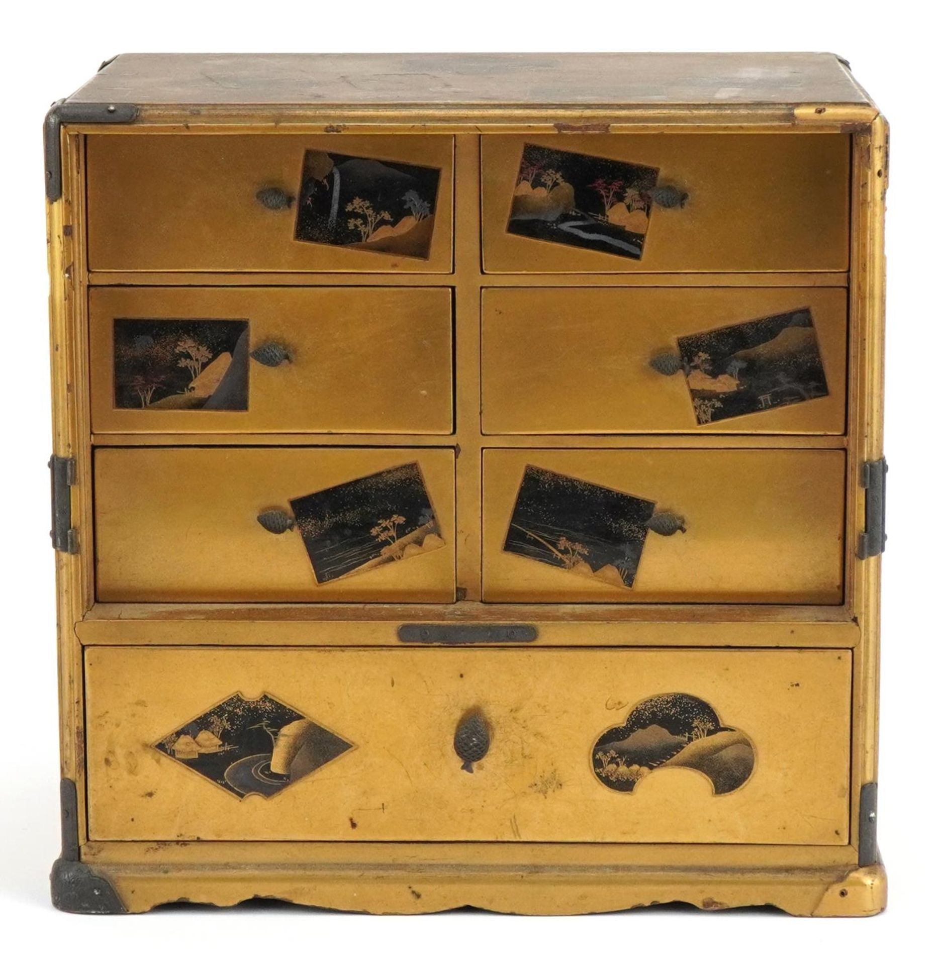 Japanese maki-e lacquer table cabinet fitted with an arrangement of seven drawers finely painted - Image 2 of 7