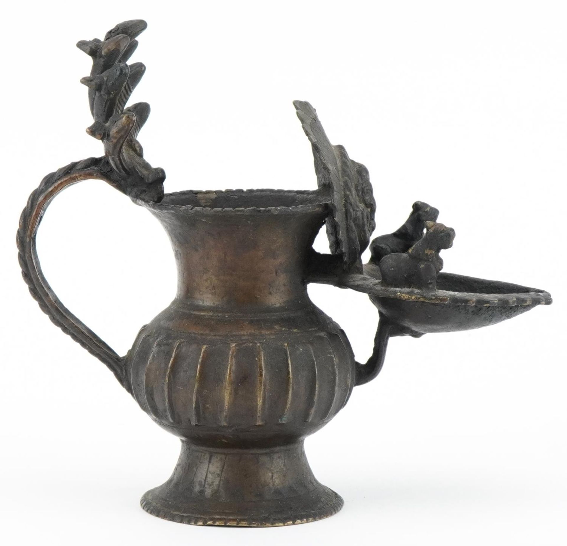 Antique Nepalese bronze oil lamp, 18cm high : For further information on this lot please visit www. - Image 5 of 7