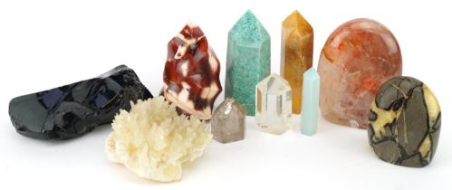 Ten geology interest natural history mineral specimens including carnelian, quartz and rock crystal,